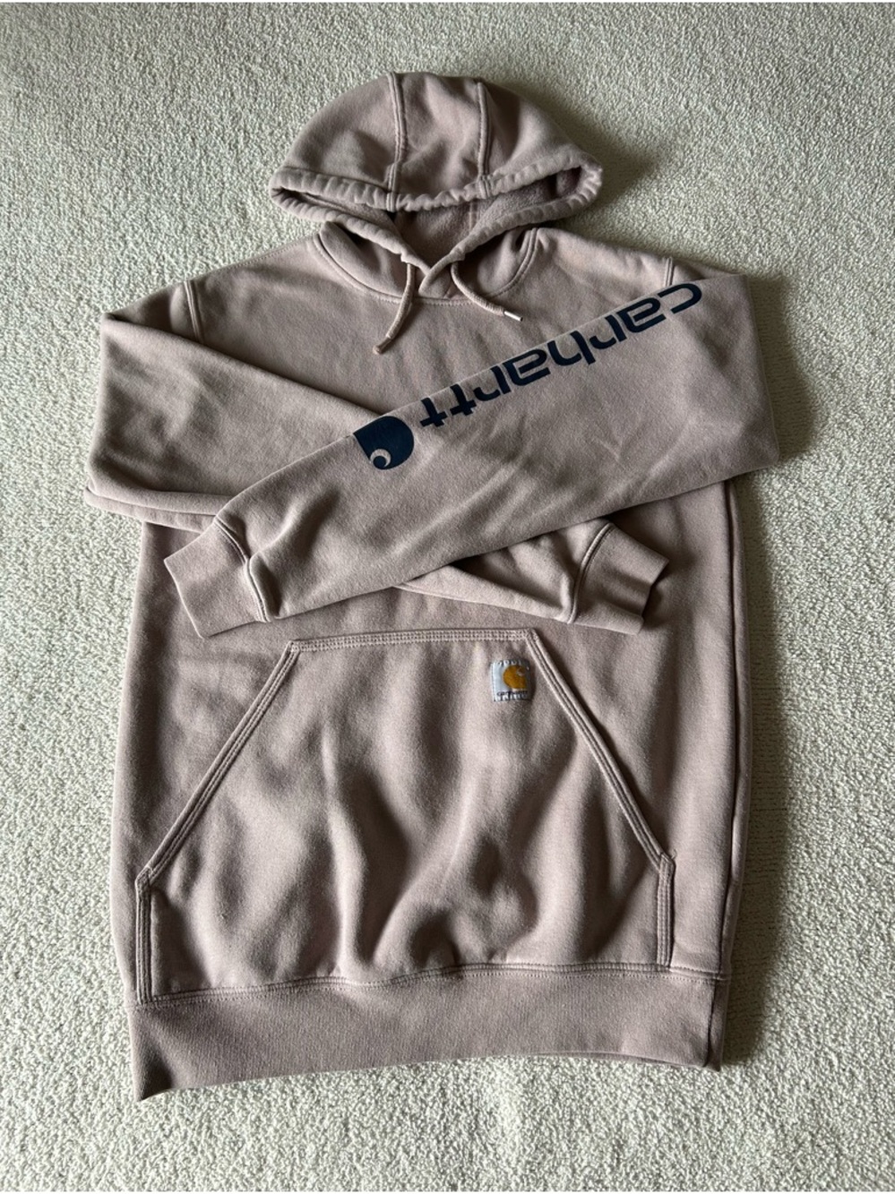 Carhartt Men's Dusty Taupe Pullover Hoodie with Navy Sleeve Logo